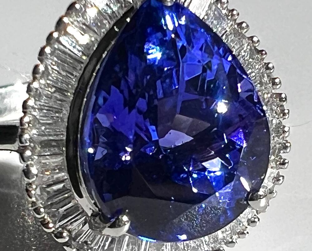 AAAA Tanzanite Diamond Ring Platinum 3 Carat Pear Halo E/F VS Certified Size 7